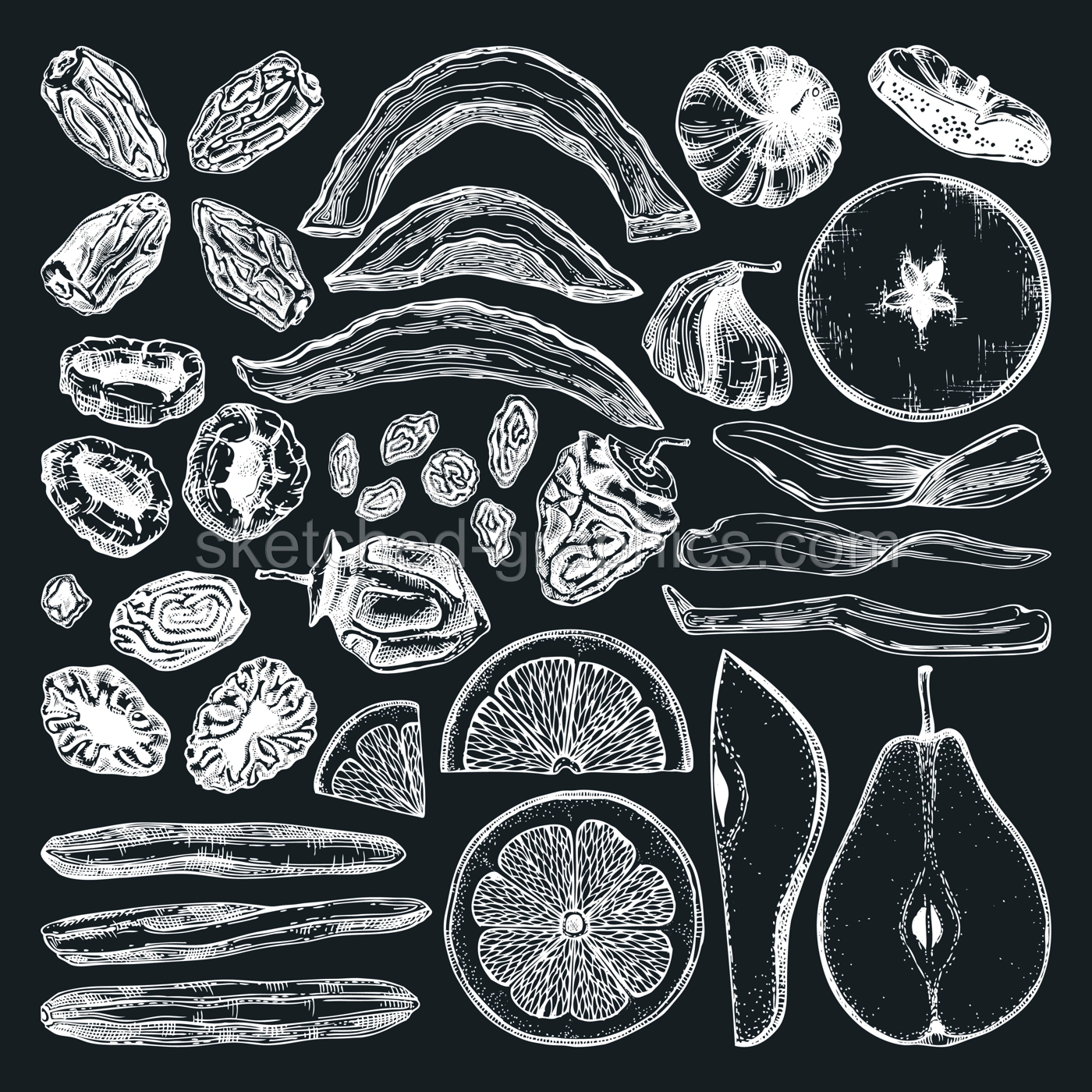 Dried fruits and berries set. Hand drawn dehydrated fruit sketches - dried mango, melon, fig, apricot, banana, persimmon, dates, prune, raisin. For vegan food, snacks, breakfast, granola, desserts. Illustration